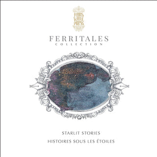 Starlit Stories Fountain Pen Inks - 10ml Bottled label featuring ornate silver frame and shimmering ink splash by Ferris Wheel Press