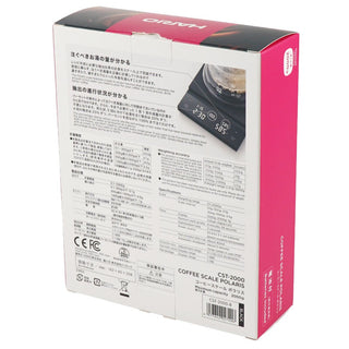 HARIO Polaris Coffee Scale packaging showing detailed product specifications and usage instructions on back panel