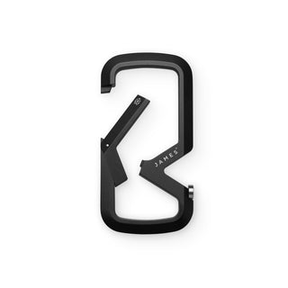 James The Mehlville Carabiner in black anodized aluminum with dual compartment and bottle opener design