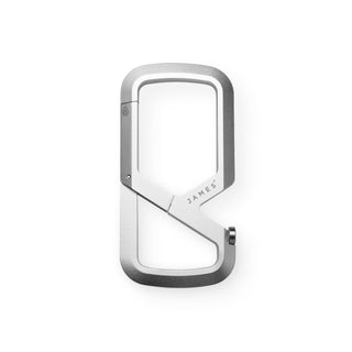 James The Mehlville Carabiner in anodized silver aluminum with dual compartments and bottle opener design