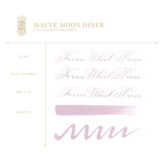 28ml Calligraphy Ink - Tailored Taffeta | Ferris Wheel Press showing mauve ink strokes and script samples