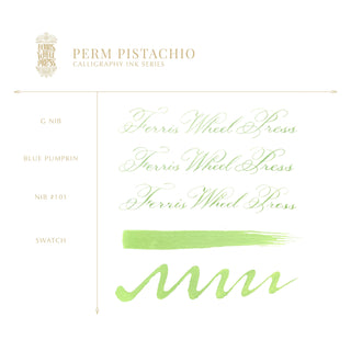 28ml Calligraphy Ink - Perm Pistachio | Ferris Wheel Press light green ink strokes and script samples on white background