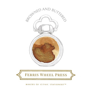 Browned and Buttered Fountain Pen Inks - 10ml Bottled by Ferris Wheel Press with warm bronze ink splash