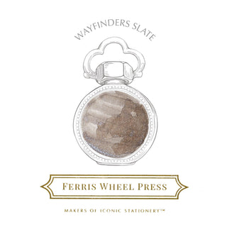 Wayfinders Slate Fountain Pen Inks - 10ml Bottled by Ferris Wheel Press with a detailed ink bottle sketch