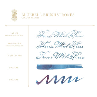 Bluebell Brushstrokes | 38ml Ink | Ferris Wheel Press showing blue handwritten script and brushstroke swatches