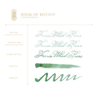 Book of Botany Fountain Pen Inks - 10ml Bottled | Ferris Wheel Press green ink calligraphy and swatch samples
