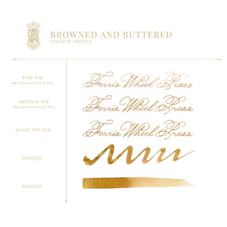 Browned and Buttered Fountain Pen Inks - 10ml Bottled | Ferris Wheel Press showcasing gold ink swatches and calligraphy samples