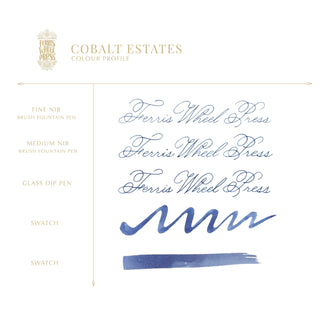 Cobalt Estates Fountain Pen Inks - 10ml Bottled | Ferris Wheel Press showcasing calligraphy and ink swatches in cobalt blue