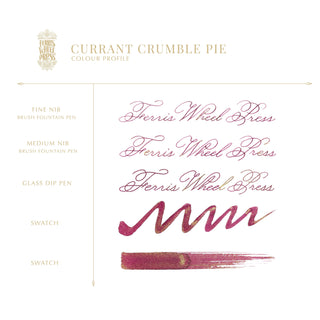 Currant Crumble Pie | 38ml Ink | Ferris Wheel Press showing burgundy ink script and brush swatches on white background