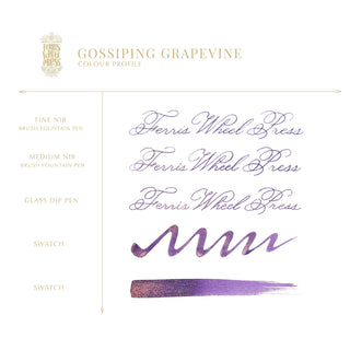 Gossiping Grapevine Fountain Pen Inks - 10ml Bottled | Ferris Wheel Press purple ink calligraphy samples and swatches