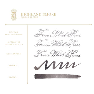 Handwritten samples and swatches showing Highland Smoke | 38ml Ink | Ferris Wheel Press in smoky dark gray shade