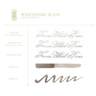 Wayfinders Slate | 38ml Ink | Ferris Wheel Press showing calligraphy and ink color swatches on white background