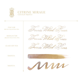 Citrine Mirage Fountain Pen Inks - 10ml Bottled | Ferris Wheel Press showcasing gold shimmer ink strokes and script samples