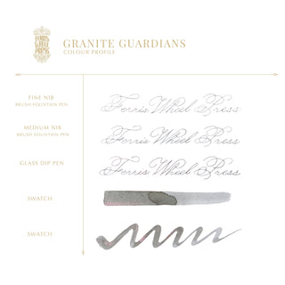 Granite Guardians 20ml Ink by Ferris Wheel Press showing calligraphy samples and ink swatches in gray tones