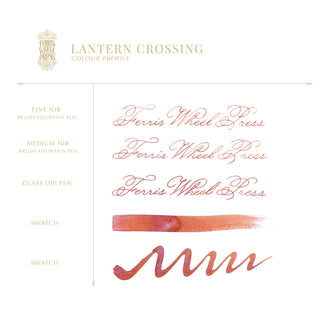 Lantern Crossing | 20ml Ink | Ferris Wheel Press showing copper-red ink swatches and calligraphy samples on white background