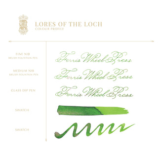 Lores of the Loch Fountain Pen Inks - 10ml Bottled | Ferris Wheel Press green ink swatch and calligraphy samples