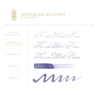 Moonbeam Meadows | 20ml Ink | Ferris Wheel Press showing elegant blue-violet ink strokes and script samples