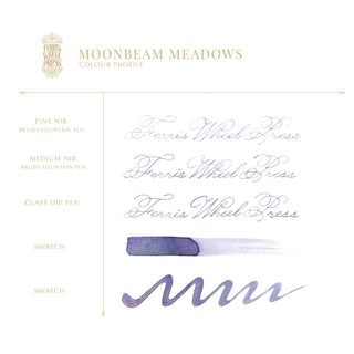 Moonbeam Meadows Fountain Pen Inks - 10ml Bottled | Ferris Wheel Press showing ink color swatches and handwriting samples