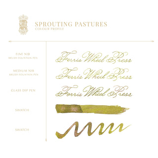 Sprouting Pastures 85ml Ink by Ferris Wheel Press showing calligraphy samples and olive green ink swatches
