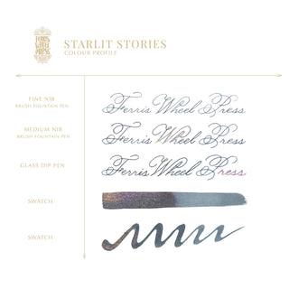 Starlit Stories Fountain Pen Inks - 10ml Bottled | Ferris Wheel Press shows ink swatches and calligraphy samples in blue-gray shade
