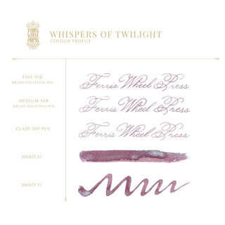 Whispers of Twilight Fountain Pen Inks - 10ml Bottled | Ferris Wheel Press showing purple ink shades and script writing samples