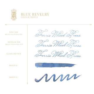2025 Limited Edition Blue Revelry 38ml Ink by Ferris Wheel Press showing calligraphy samples and blue swatches