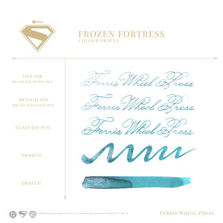 Frozen Fortress Fountain Pen Inks - 10ml Bottled | Ferris Wheel Press blue ink strokes and calligraphy samples
