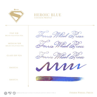 Heroic Blue Fountain Pen Inks - 10ml Bottled | Ferris Wheel Press showing ink strokes and writing samples