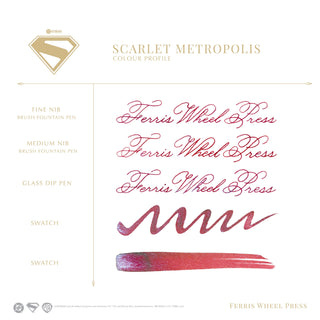 Scarlet Metropolis Fountain Pen Inks - 10ml Bottled | Ferris Wheel Press red ink swatches and calligraphy samples on white