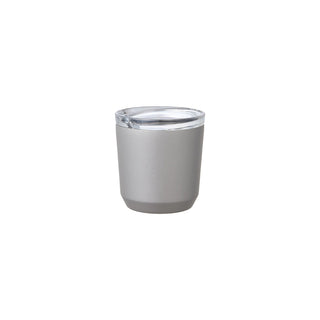 KINTO To Go Tumbler 240ml in matte silver stainless steel with clear plastic lid and smooth texture