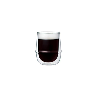 KINTO KRONOS Double Wall Coffee Cup 250ml with clear heat-resistant glass holding dark coffee and foam layer