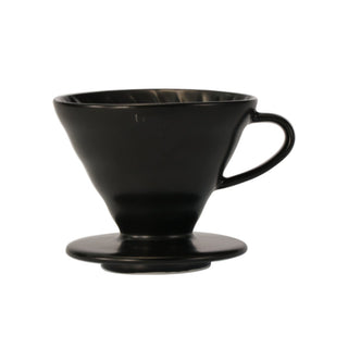 HARIO V60-02 Ceramic Dripper in black porcelain with ergonomic handle for pour over coffee brewing