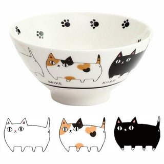 Neko Sankyodai Three Cats Brothers Bowl with playful cat illustrations on glossy white porcelain from Japanese vendor
