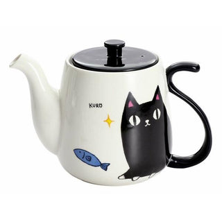Neko Sankyodai Three Cats Brothers Tail Pot Kuro ceramic teapot with black cat and fish design