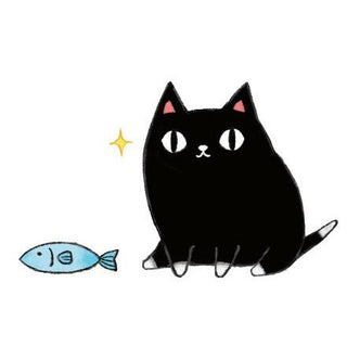Neko Sankyodai Three Cats Brothers Tail Pot Kuro featuring a black ceramic cat beside a blue fish illustration