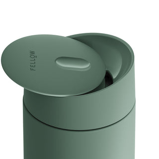 FELLOW Carter Slide Mug 16oz in matte green with slide lid and sleek stainless steel body
