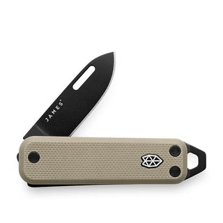 James The Elko Knife with tan Micarta handle and black Sandvik steel blade partially open