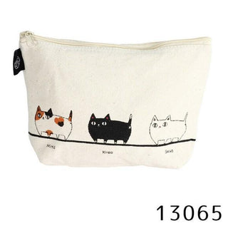 Neko Sankyodai Three Cats Brothers Pouch in natural cotton featuring three playful cat illustrations side by side
