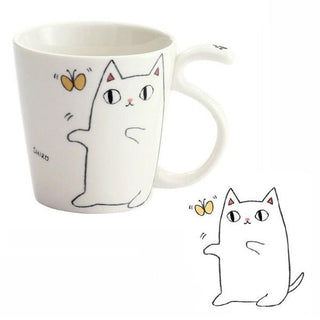 Neko Sankyodai Three Cats Brothers Tailed Mug in porcelain with white cat and butterfly design