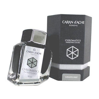 Caran d'Ache Fountain Pen Ink Bottle 50 ml in Infinite Grey with hexagonal glass design and metal cap