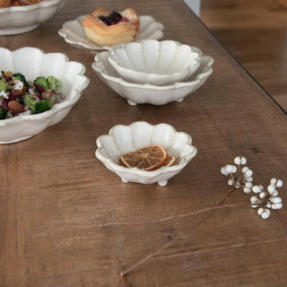 Kaneko Kohyo - Side Dish Bowl - White - Rinka Series - handcrafted porcelain bowls with scalloped edges on wood