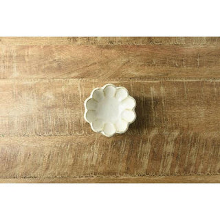 Kaneko Kohyo Side Dish Bowl White Rinka Series handcrafted Japanese porcelain with scalloped edges on wood