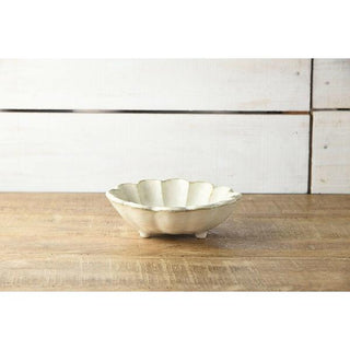 Kaneko Kohyo - Main Dish Bowl - White - Rinka Series - Handcrafted Japanese Mino Ware with scalloped edge on wooden surface