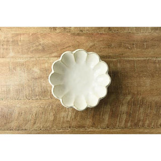 Kaneko Kohyo - Main Dish Bowl - White - Rinka Series handcrafted porcelain bowl with scalloped edges on wood