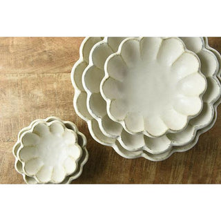 Kaneko Kohyo - Main Dish Bowl - White - Rinka Series - Handcrafted Japanese Mino Ware stacked scalloped porcelain bowls on wood
