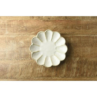 Kaneko Kohyo - Main Plate - White - Rinka Series - handcrafted porcelain plate with scalloped edges on wood