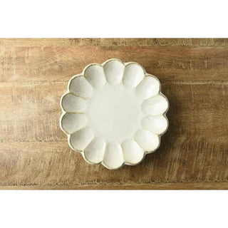Kaneko Kohyo - Main Plate - White - Rinka Series - handcrafted porcelain Mino Ware with scalloped edge on wood