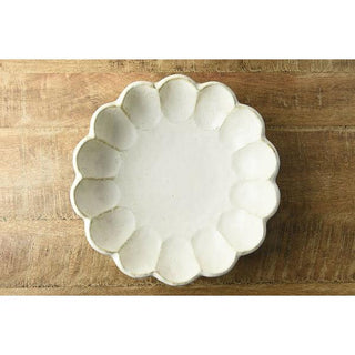 Kaneko Kohyo Main Dish Bowl White Rinka Series handcrafted porcelain with scalloped edge on wood
