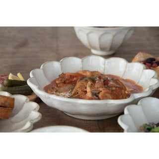 Kaneko Kohyo Main Dish Bowl White Rinka Series with textured handcrafted porcelain and food served inside