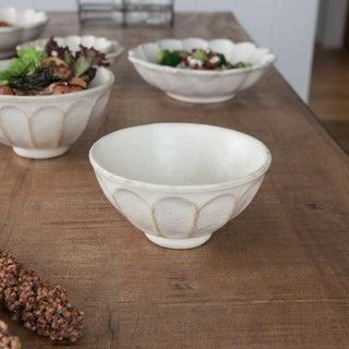 Kaneko Kohyo - Rice Bowl - White - Rinka Series - Handcrafted Japanese Mino Ware porcelain bowl with scalloped edges